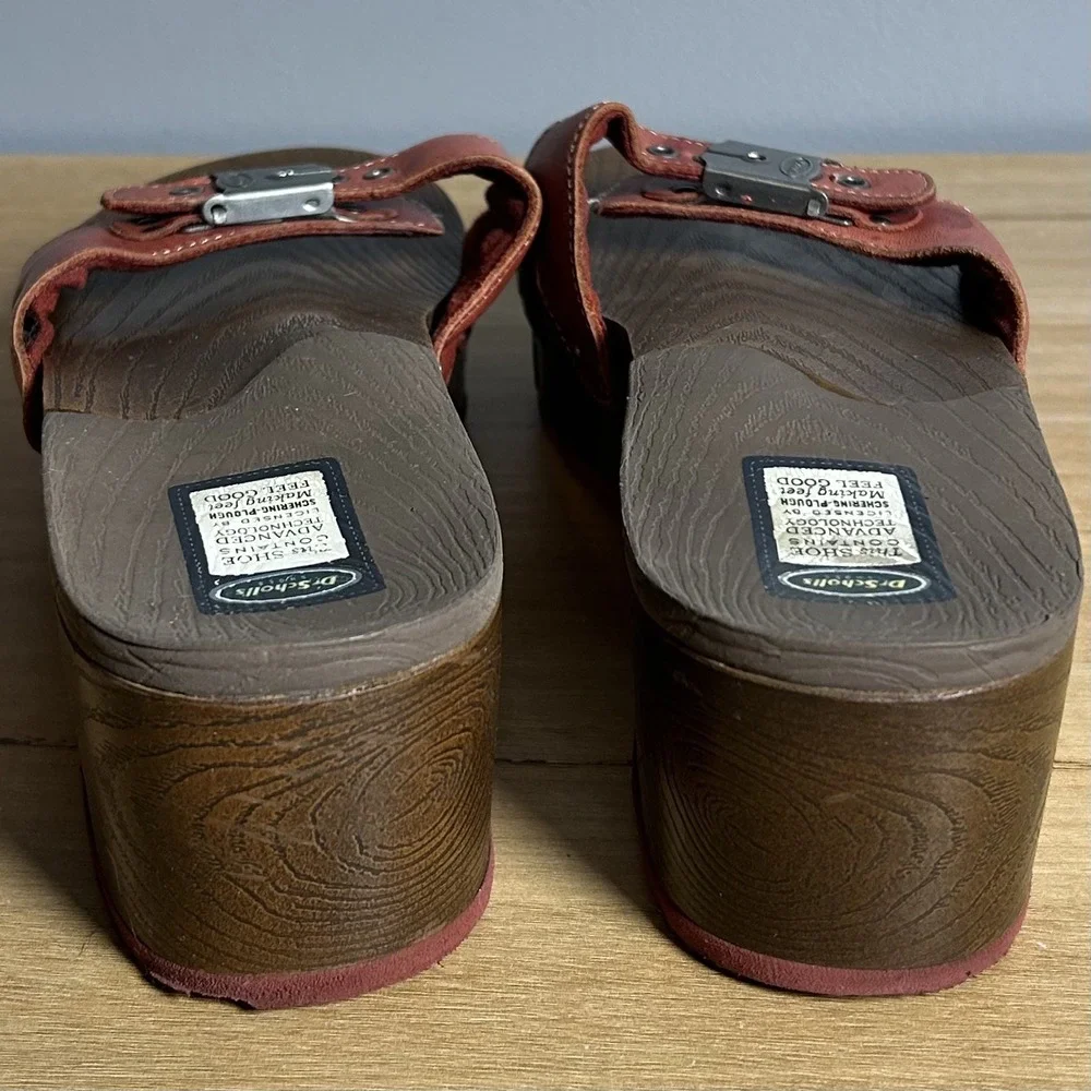 Dr. Scholl's Vintage Y2K 2000s Brick Red Leather Wedge Buckle Slide Sandals